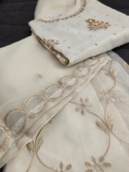 3-Piece Luxury Organza Suit – Creme colour with Gold work