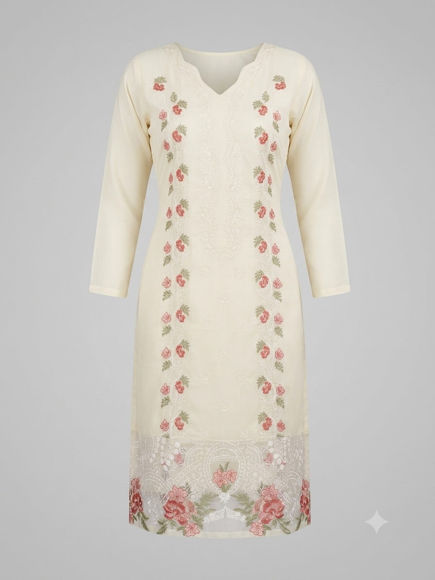 Ivory Embroidered Cotton Suit | Floral Vine Embroidery with Net Hem & Peach Floral Dupatta