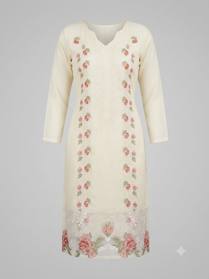 Ivory Embroidered Cotton Suit | Floral Vine Embroidery with Net Hem & Peach Floral Dupatta