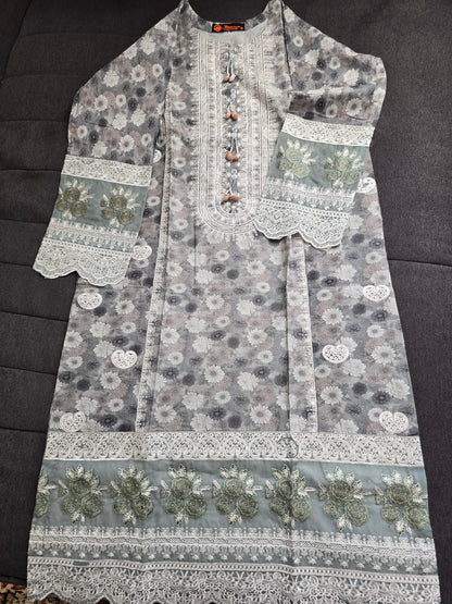Grey Floral 3-Piece Suit | White Lace Cuffs | 3D Rose Appliqué Hem | Minsa Collection