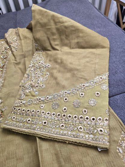 Golden Olive Embellished 3-Piece Suit | Heavy Crystal Neckline | Cutwork Hem | W Dot 313