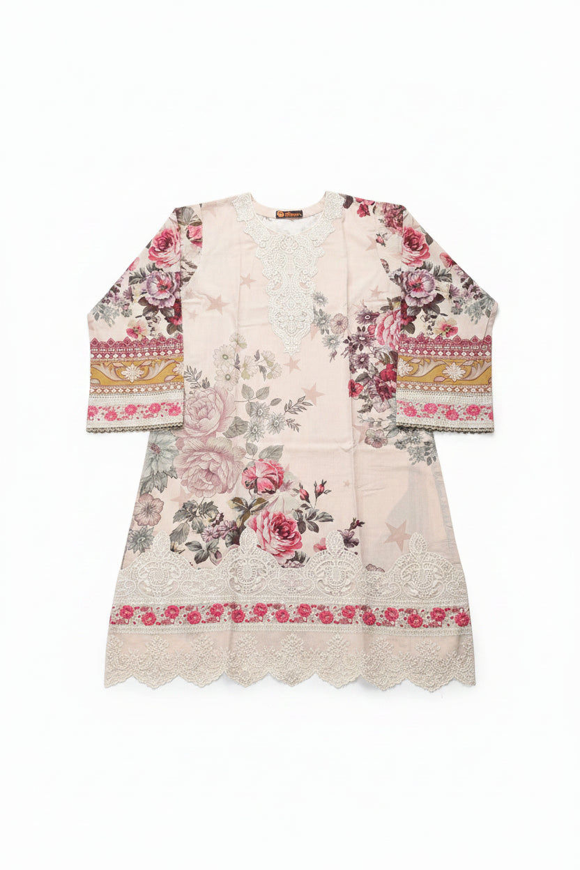 Grey Rose Floral 3-Piece Suit | White Cutwork Neckline | Pink Embroidered Hem | Minsa Collection