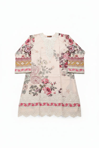 Grey Rose Floral 3-Piece Suit | White Cutwork Neckline | Pink Embroidered Hem | Minsa Collection