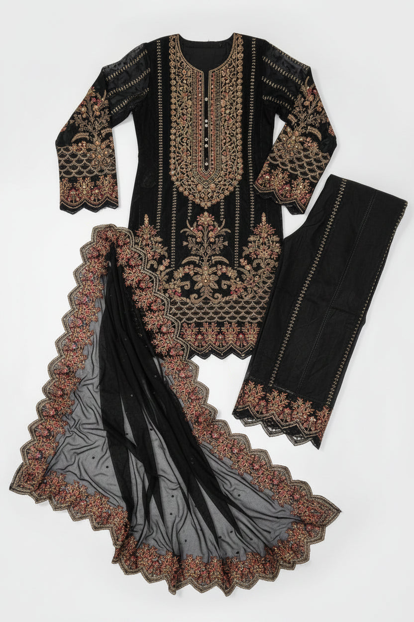 Bin Younas Black Heavy Embroidered 3-Piece Chiffon Suit | Zardozi Sequin Work | Pakistani Wedding & Eid Formal Wear