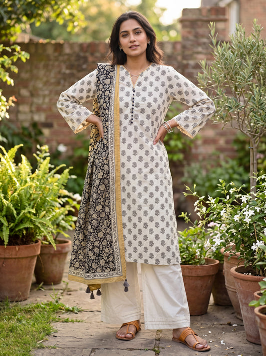 White Booti Print Cotton Kurti 3-Piece Suit | Black Floral Dupatta with Trim | Pakistani Lawn Style | EU Shipping