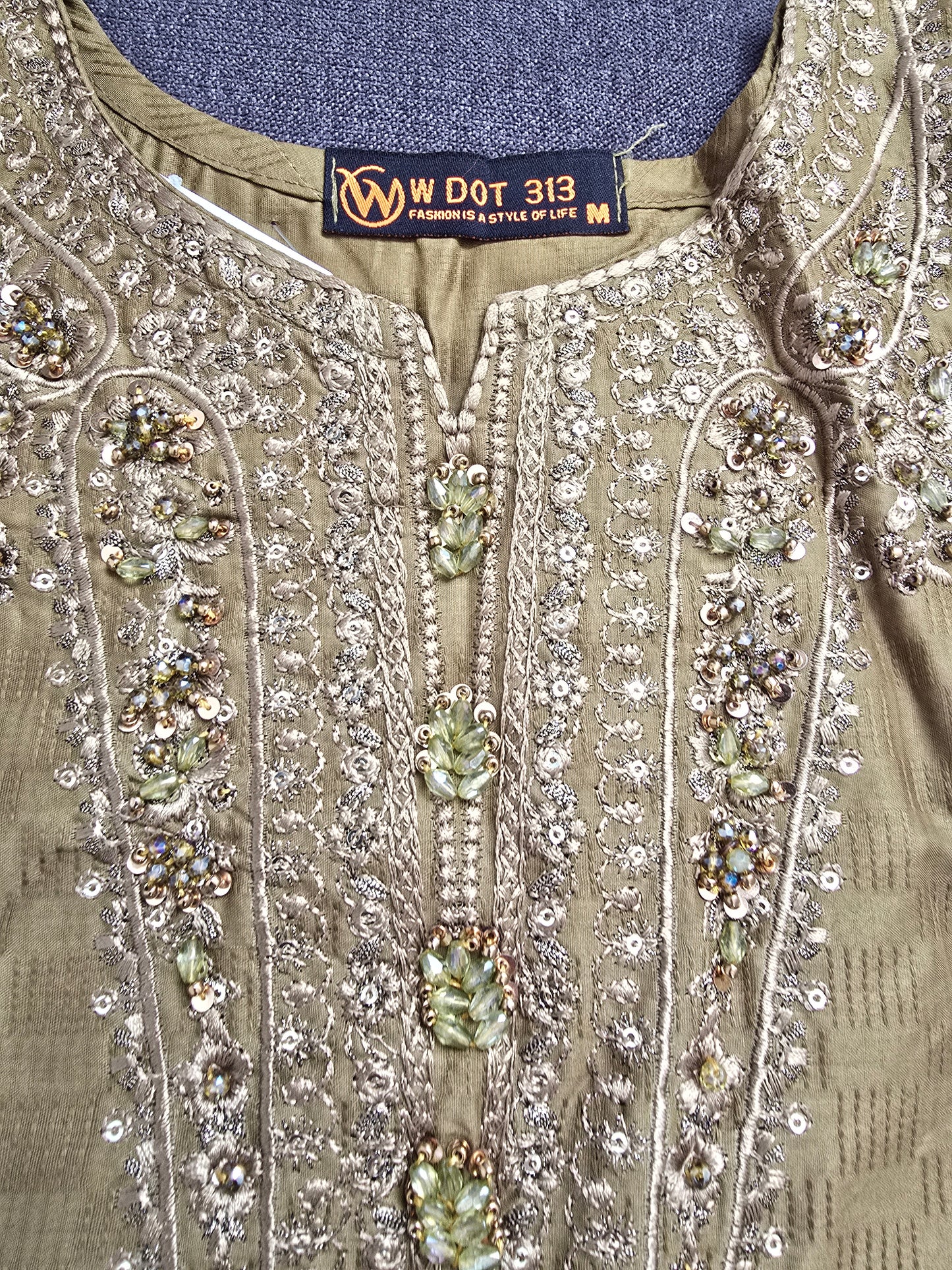 Golden Olive Embellished 3-Piece Suit | Heavy Crystal Neckline | Cutwork Hem | W Dot 313