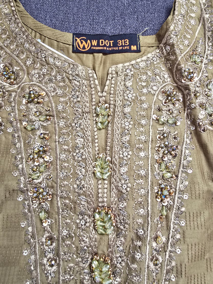 Golden Olive Embellished 3-Piece Suit | Heavy Crystal Neckline | Cutwork Hem | W Dot 313