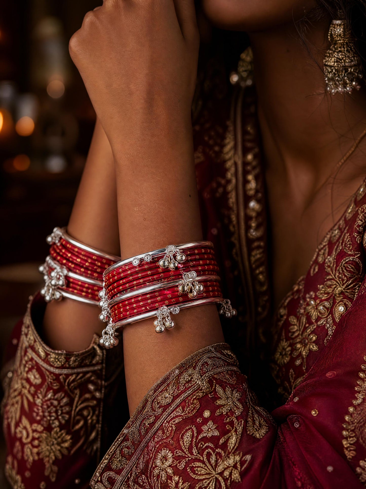 Kashmiri Churia | Red & Gold Booti with Silver Ghungroo | Set of 12 | Sizes 2.4 / 2.6 / 2.8 | Bridal & Mehndi Bangles