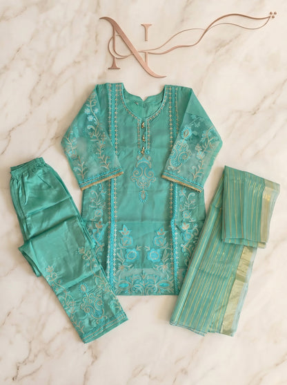 Teal Mint Multi-Fabric 3-Piece Embroidered Suit | Gold Sequin & Tilla Work | Pakistani Semi-Formal & Eid Wear