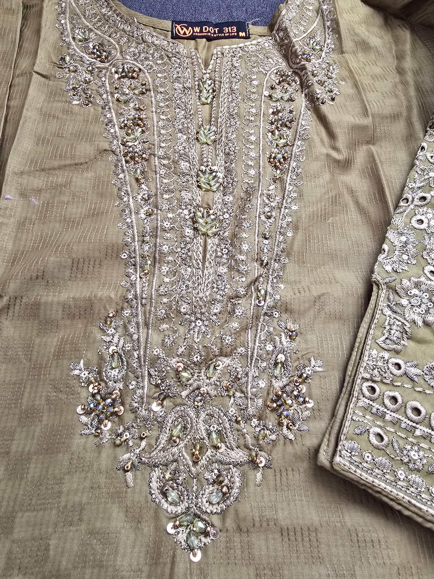 Golden Olive Embellished 3-Piece Suit | Heavy Crystal Neckline | Cutwork Hem | W Dot 313