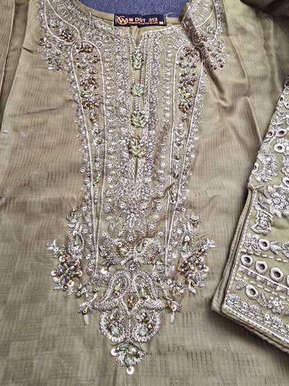 Golden Olive Embellished 3-Piece Suit | Heavy Crystal Neckline | Cutwork Hem | W Dot 313