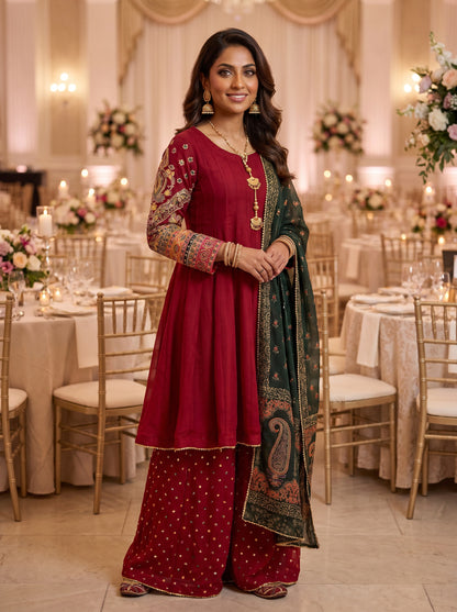 Bin Younas Deep Red Multi-Fabric 3-Piece Embroidered Suit | Phulkari Sleeve Work | Pakistani Wedding & Mehndi Wear