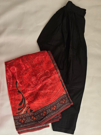 Sana Safinaz Black Floral Print 3-Piece Suit | Kurti Shalwar Dupatta | Rust & Cream Border | Black Embroidered Neckline| Premium lawn