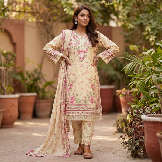Limelight Cream & Pink Multi-Fabric 3-Piece Floral Lawn Suit | Embroidered Neckline | Pakistani Casual Luxury |  Brand New With Tags