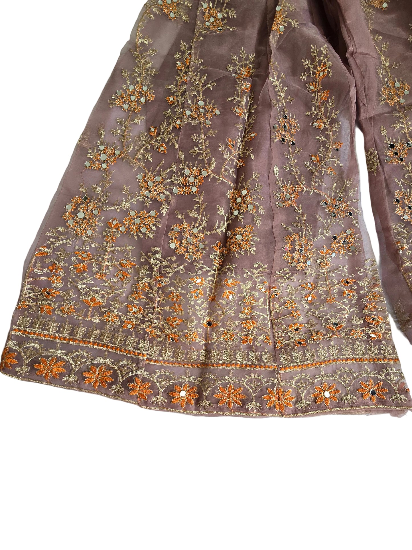Dusty Mauve Multi-Fabric 3-Piece Organza Suit | Sharara Style | Sheesha Mirror & Sequin Embroidery | Pakistani Wedding & Formal Wear