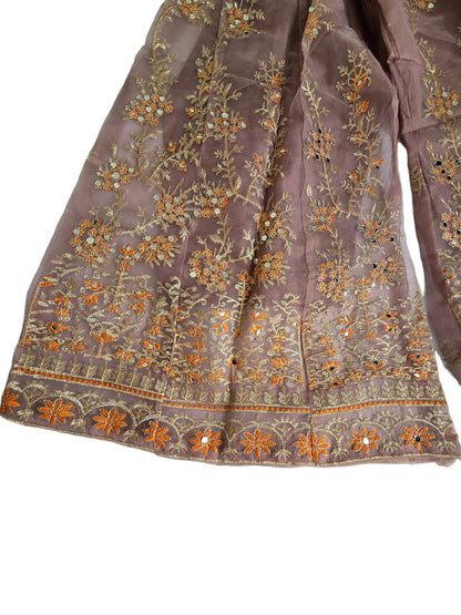 Dusty Mauve Multi-Fabric 3-Piece Organza Suit | Sharara Style | Sheesha Mirror & Sequin Embroidery | Pakistani Wedding & Formal Wear