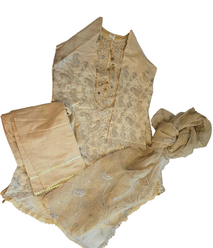 Ivory Cream Multi-Fabric 3-Piece Embroidered Suit | Paisley Threadwork & Mirror Work | Pakistani Formal & Wedding Wear