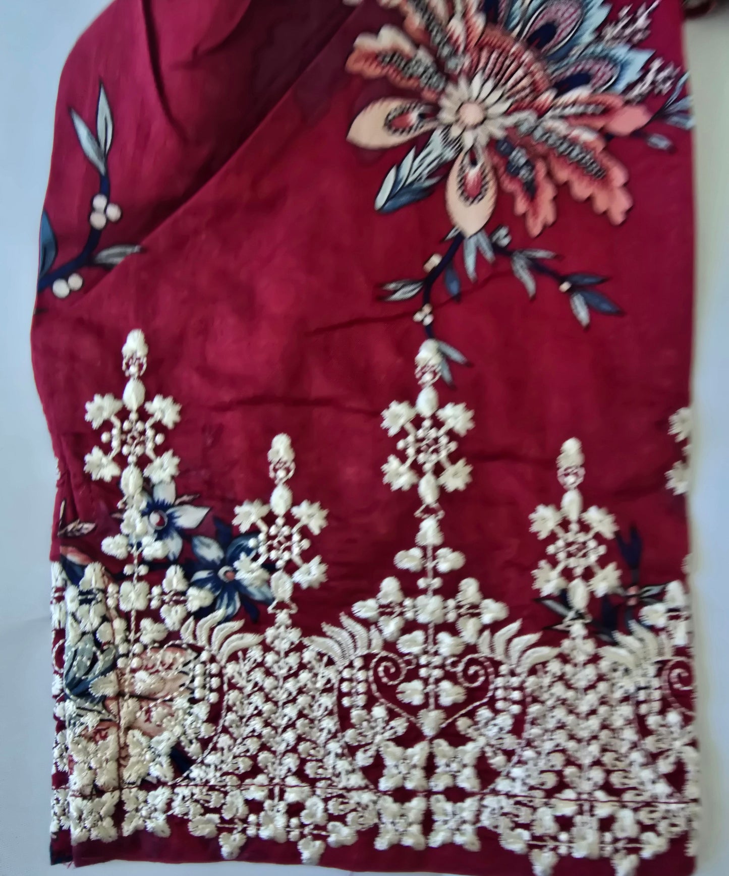 J. Pret Essentials 3-Piece Printed & Embroidered Suit – Deep Red/Maroon