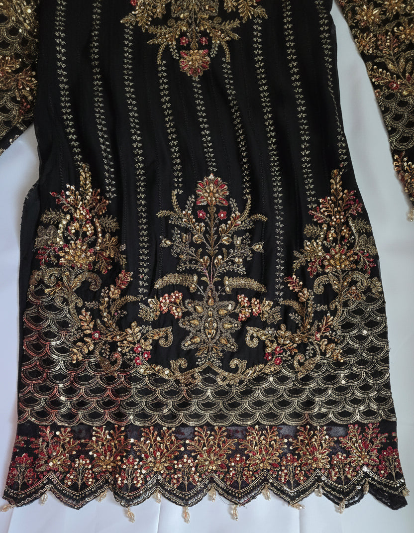 Bin Younas Black Heavy Embroidered 3-Piece Chiffon Suit | Zardozi Sequin Work | Pakistani Wedding & Eid Formal Wear