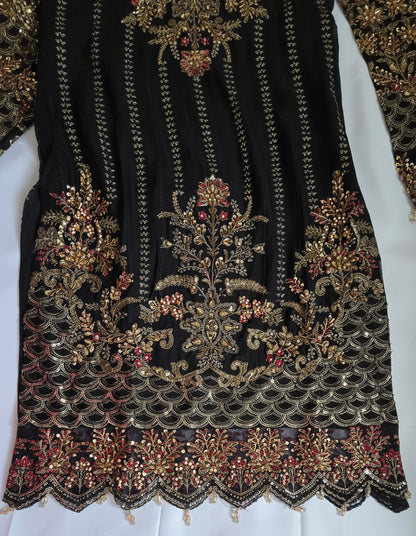 Bin Younas Black Heavy Embroidered 3-Piece Chiffon Suit | Zardozi Sequin Work | Pakistani Wedding & Eid Formal Wear