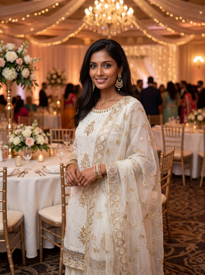 3-Piece Luxury Organza Suit – Creme colour with Gold work