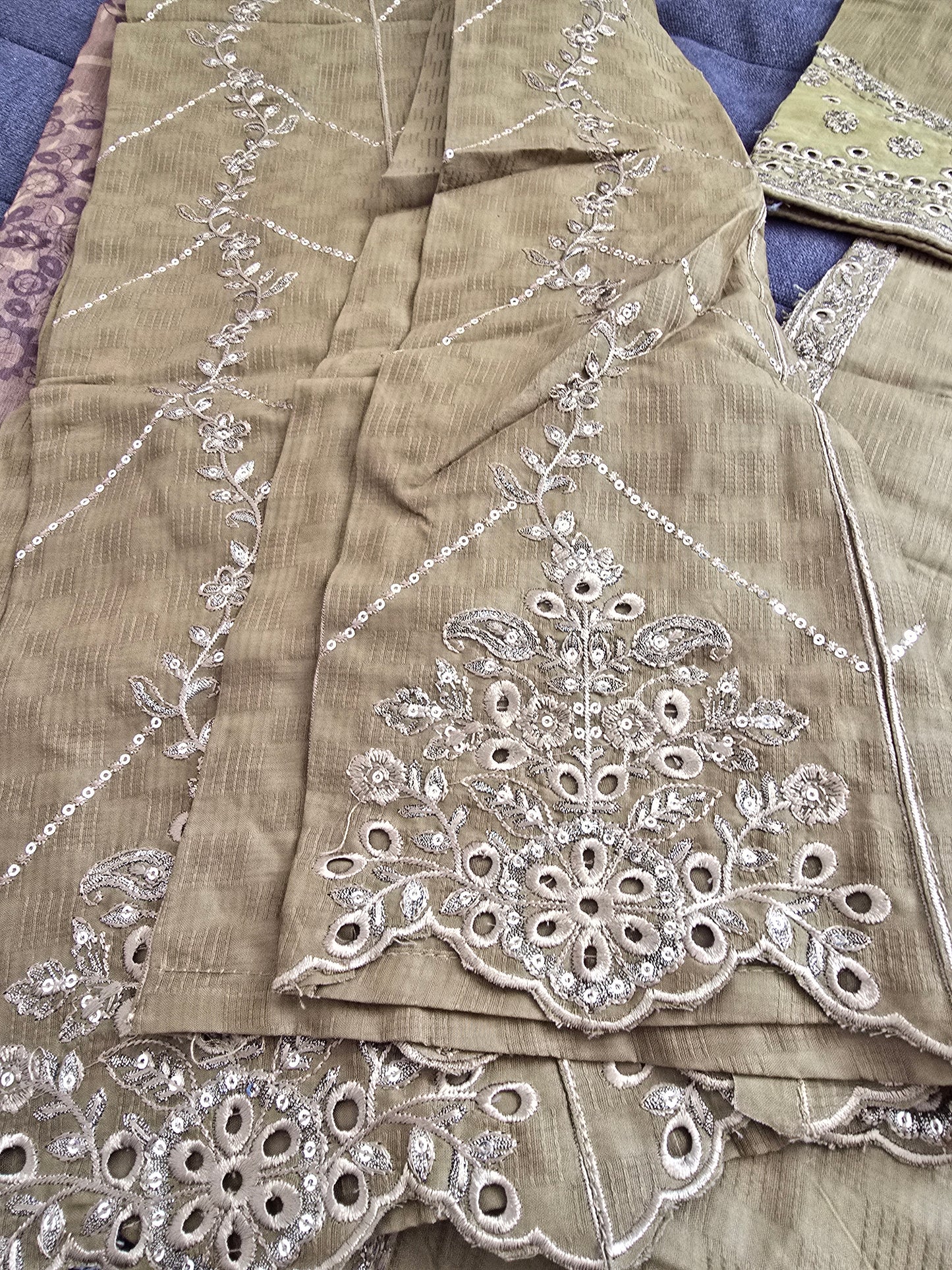 Golden Olive Embellished 3-Piece Suit | Heavy Crystal Neckline | Cutwork Hem | W Dot 313