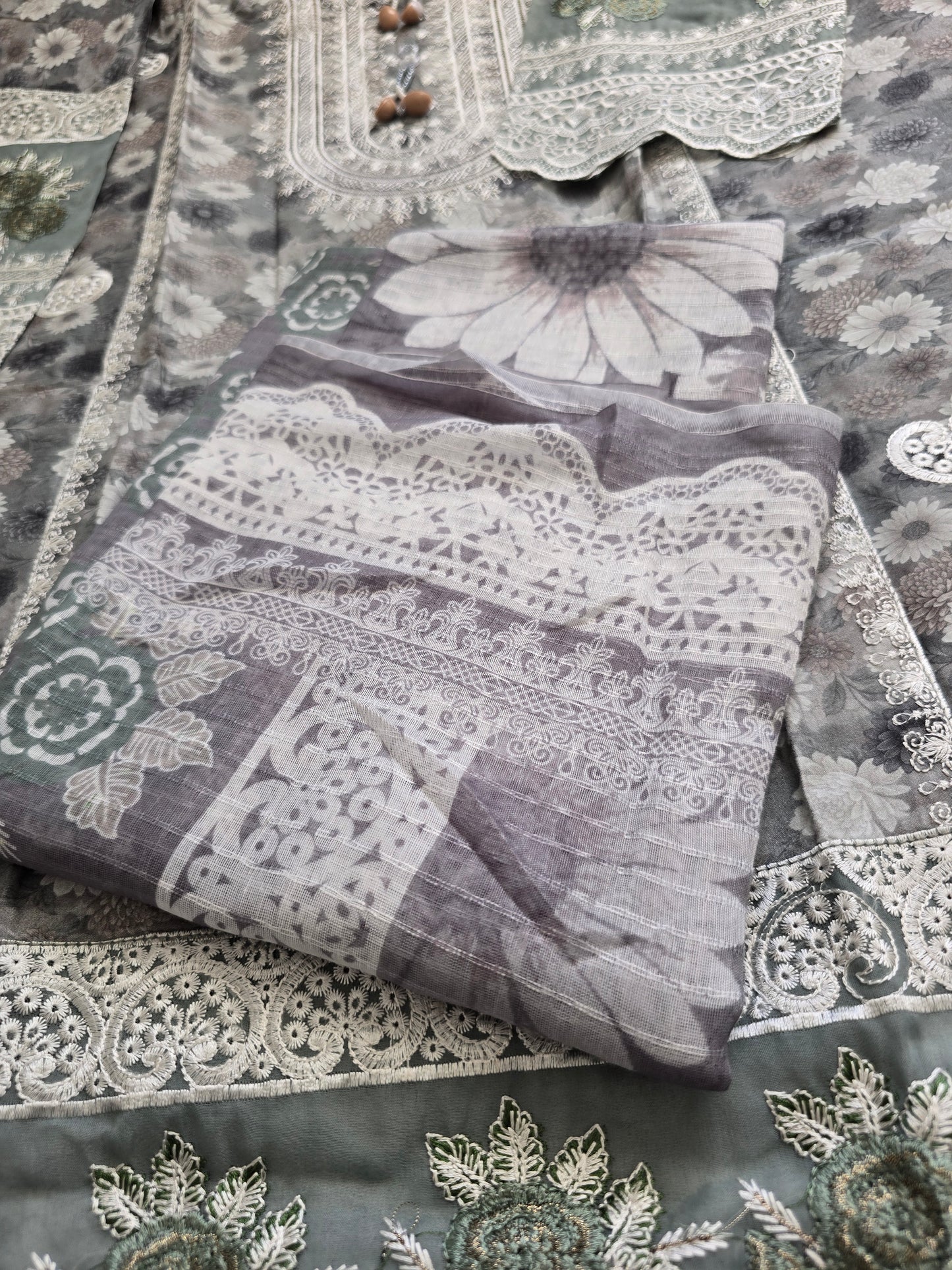Grey Floral 3-Piece Suit | White Lace Cuffs | 3D Rose Appliqué Hem | Minsa Collection
