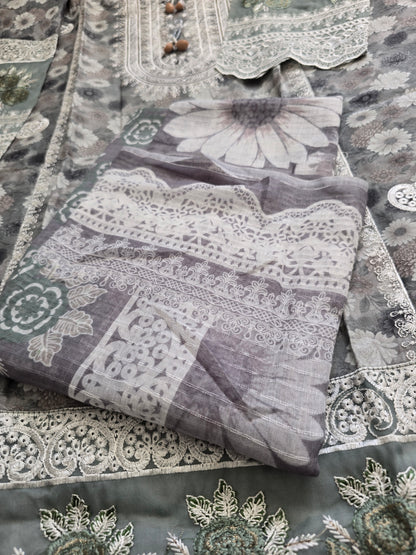 Grey Floral 3-Piece Suit | White Lace Cuffs | 3D Rose Appliqué Hem | Minsa Collection