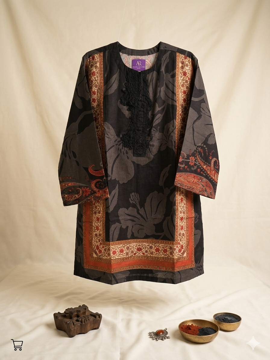Sana Safinaz Black Floral Print 3-Piece Suit | Kurti Shalwar Dupatta | Rust & Cream Border | Black Embroidered Neckline| Premium lawn