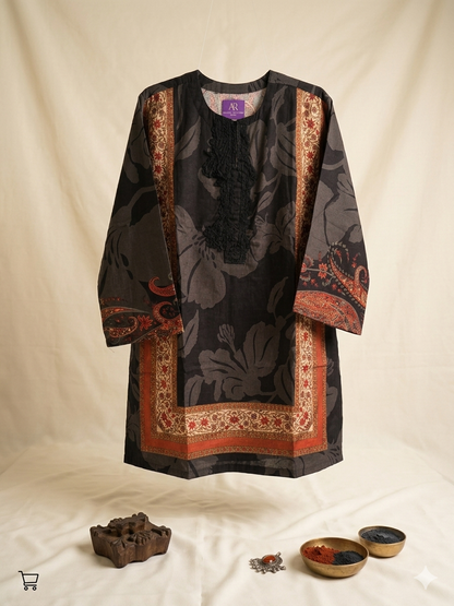 Sana Safinaz Black Floral Print 3-Piece Suit | Kurti Shalwar Dupatta | Rust & Cream Border | Black Embroidered Neckline| Premium lawn