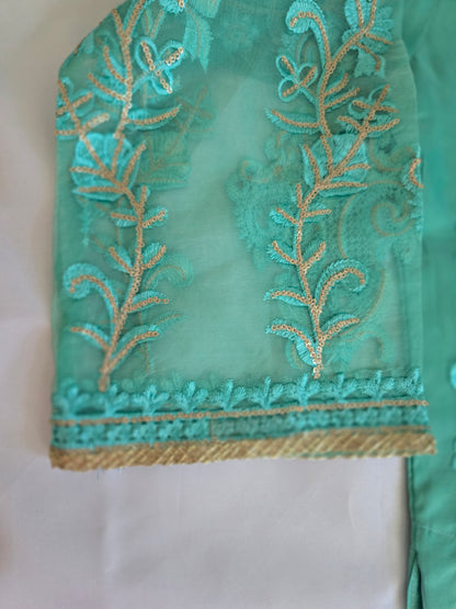 Teal Mint Multi-Fabric 3-Piece Embroidered Suit | Gold Sequin & Tilla Work | Pakistani Semi-Formal & Eid Wear