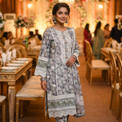 Grey Floral 3-Piece Suit | White Lace Cuffs | 3D Rose Appliqué Hem | Minsa Collection