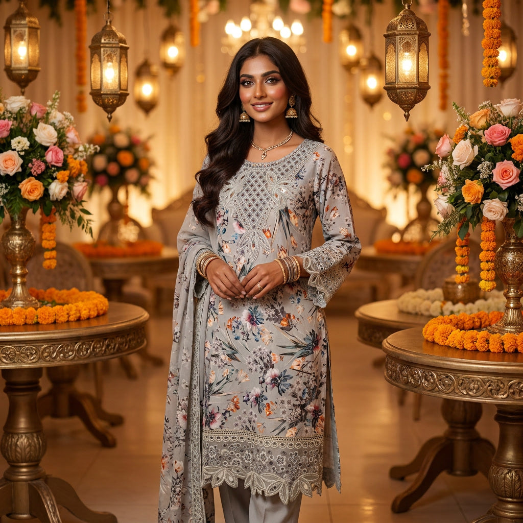 Grey Botanical Floral 3-Piece Suit | Mirror Lattice Neckline | Broderie Anglaise Hem | Minsa Collection |