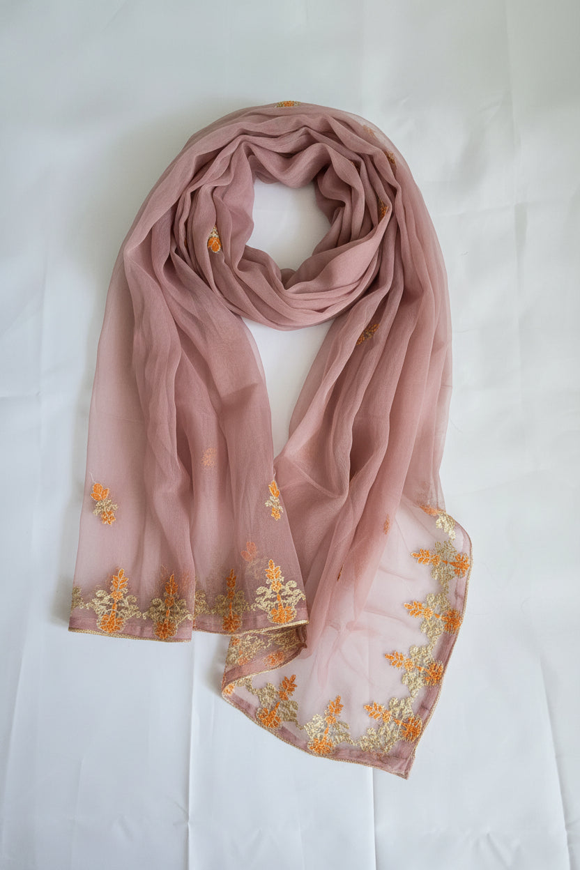 Dusty Mauve Multi-Fabric 3-Piece Organza Suit | Sharara Style | Sheesha Mirror & Sequin Embroidery | Pakistani Wedding & Formal Wear