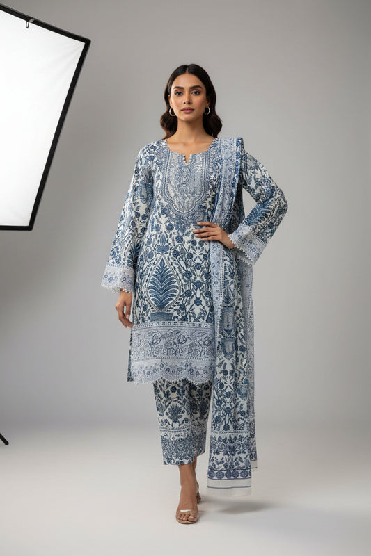 Blue Botanical 3-Piece Lawn Suit | Embroidered Net Hem | Dupatta