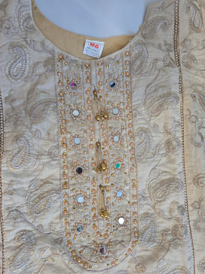Ivory Cream Multi-Fabric 3-Piece Embroidered Suit | Paisley Threadwork & Mirror Work | Pakistani Formal & Wedding Wear