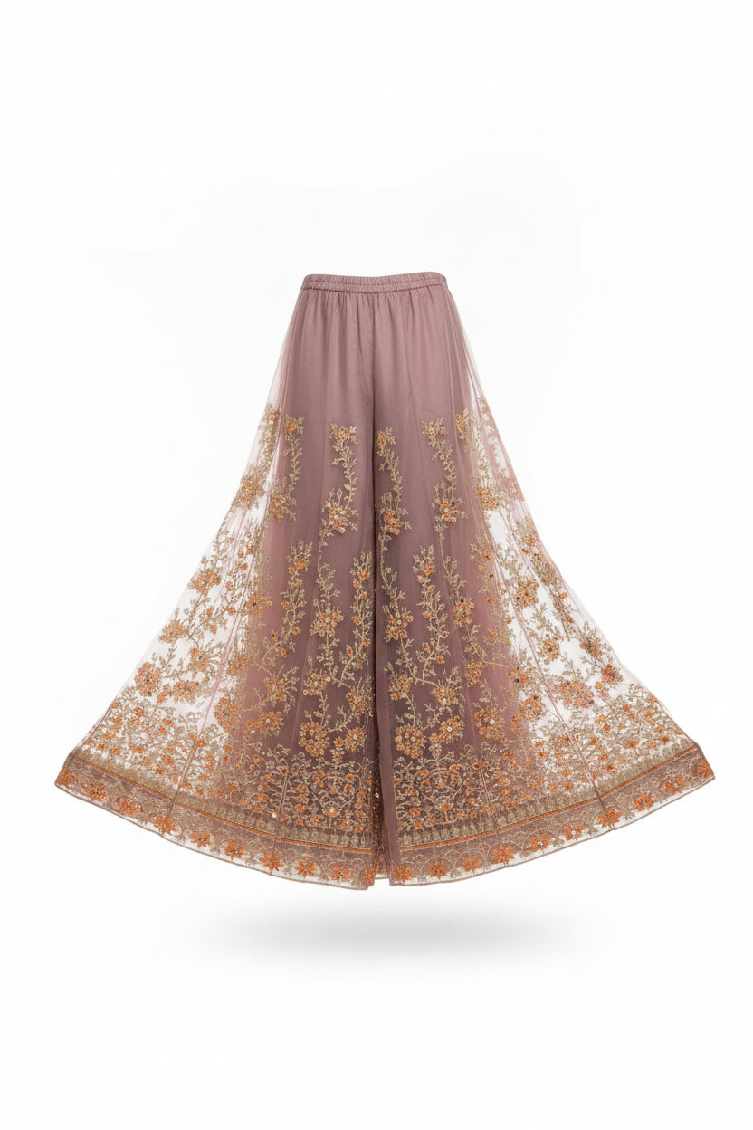 Dusty Mauve Multi-Fabric 3-Piece Organza Suit | Sharara Style | Sheesha Mirror & Sequin Embroidery | Pakistani Wedding & Formal Wear