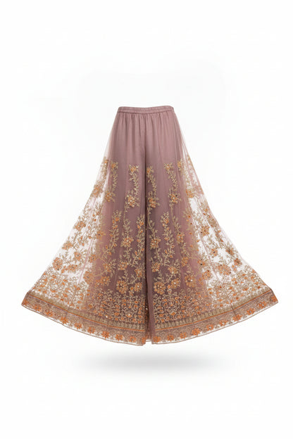 Dusty Mauve Multi-Fabric 3-Piece Organza Suit | Sharara Style | Sheesha Mirror & Sequin Embroidery | Pakistani Wedding & Formal Wear