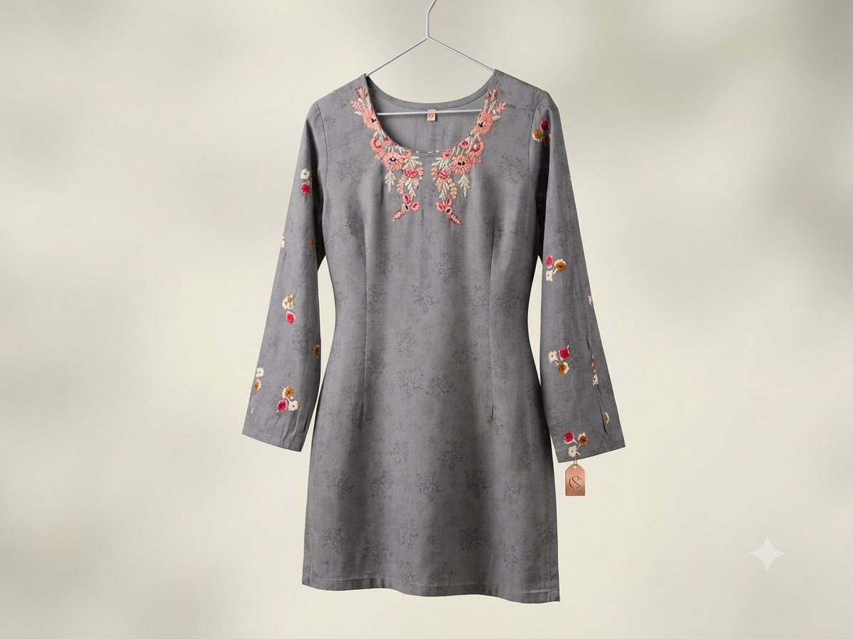 Grey lightly Embroidered 3-Piece Cotton Suit with Contrast Floral Trousers & Printed Dupatta | Everyday Shalwar kameez