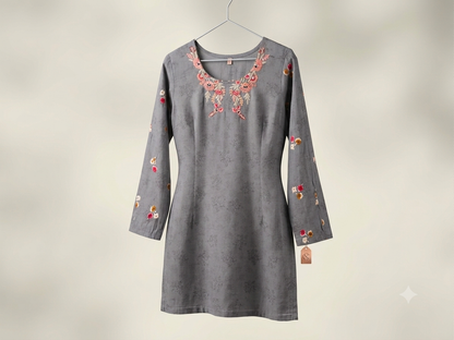 Grey lightly Embroidered 3-Piece Cotton Suit with Contrast Floral Trousers & Printed Dupatta | Everyday Shalwar kameez