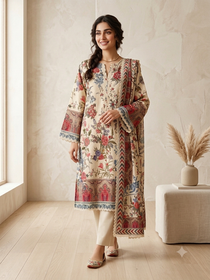 Khaadi Premium Lawn 3-Piece Suit – Ivory Floral Print with Paisley Border | Designer Pakistani Suit – Size XL