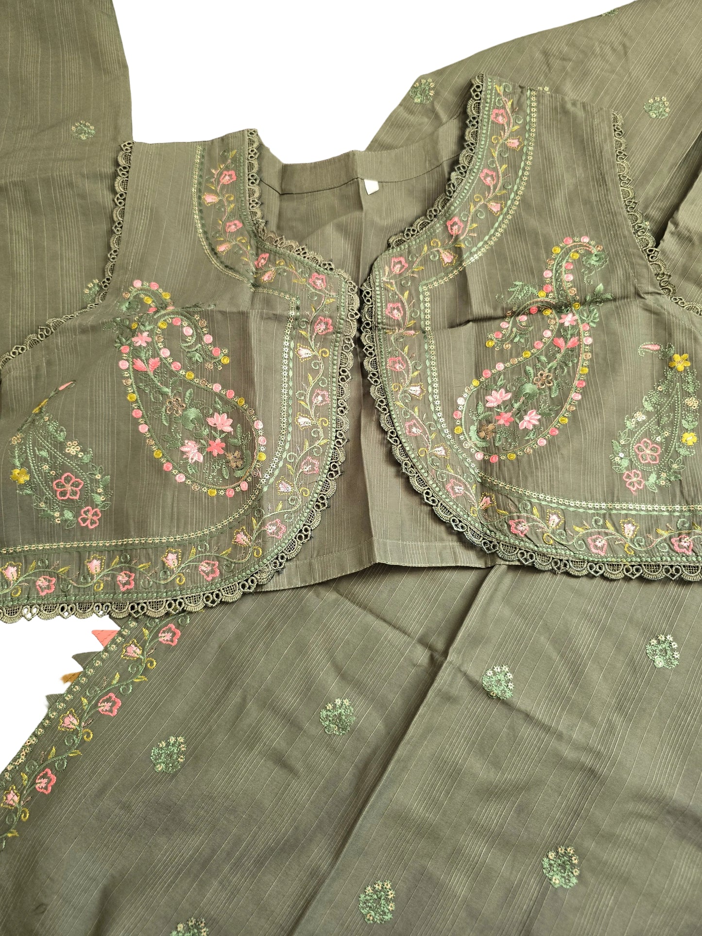 Olive Green Embroidered 3-Piece Suit | Crystal Neckline | Paisley Waistcoat| Dupatta | W Dot 313