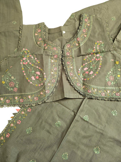 Olive Green Embroidered 3-Piece Suit | Crystal Neckline | Paisley Waistcoat| Dupatta | W Dot 313