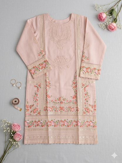 Dusty Blush 3-Piece Embroidered Lawn Suit | Floral Thread Work Kurti with Sequin Details & Printed Dupatta