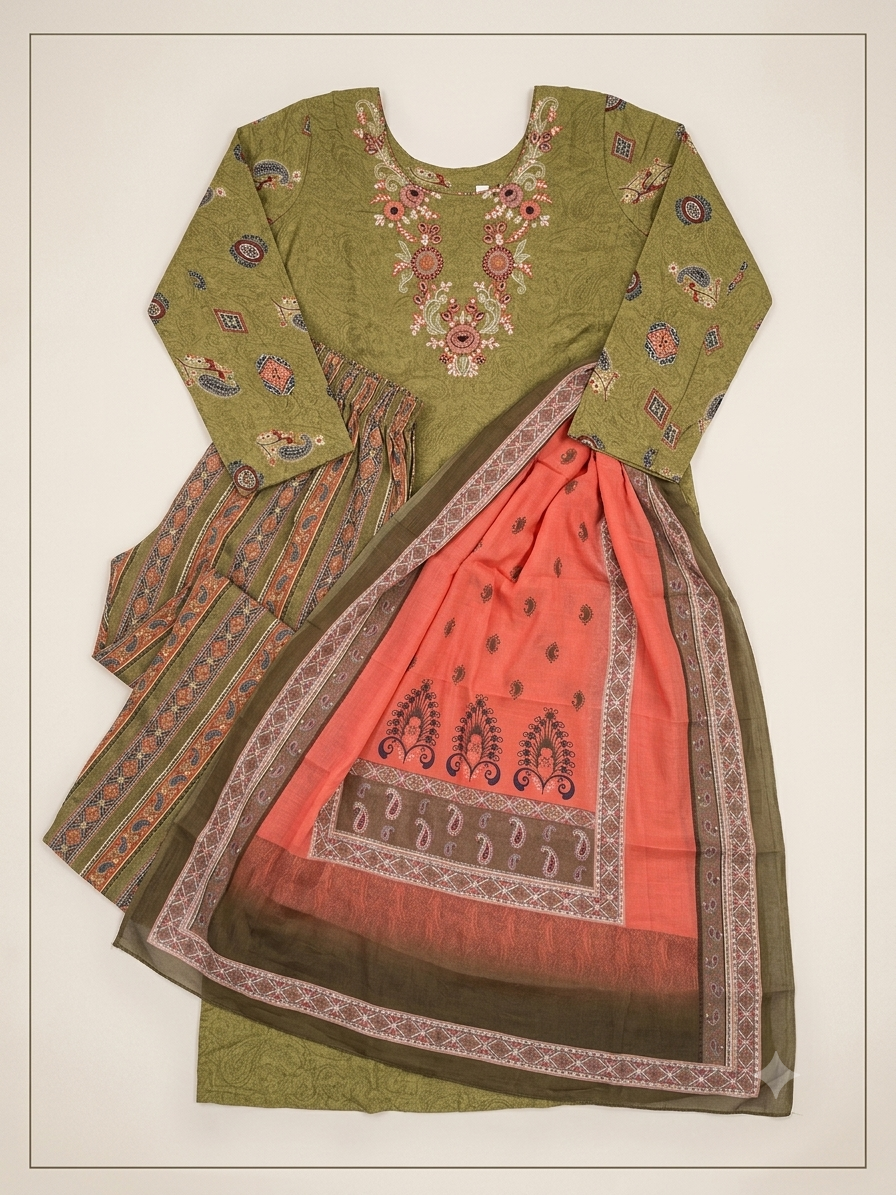 Mehndi Green, lightly Embroidered 3-Piece Cotton Suit with Coral Paisley Dupatta | Everyday Shalwar Kameez
