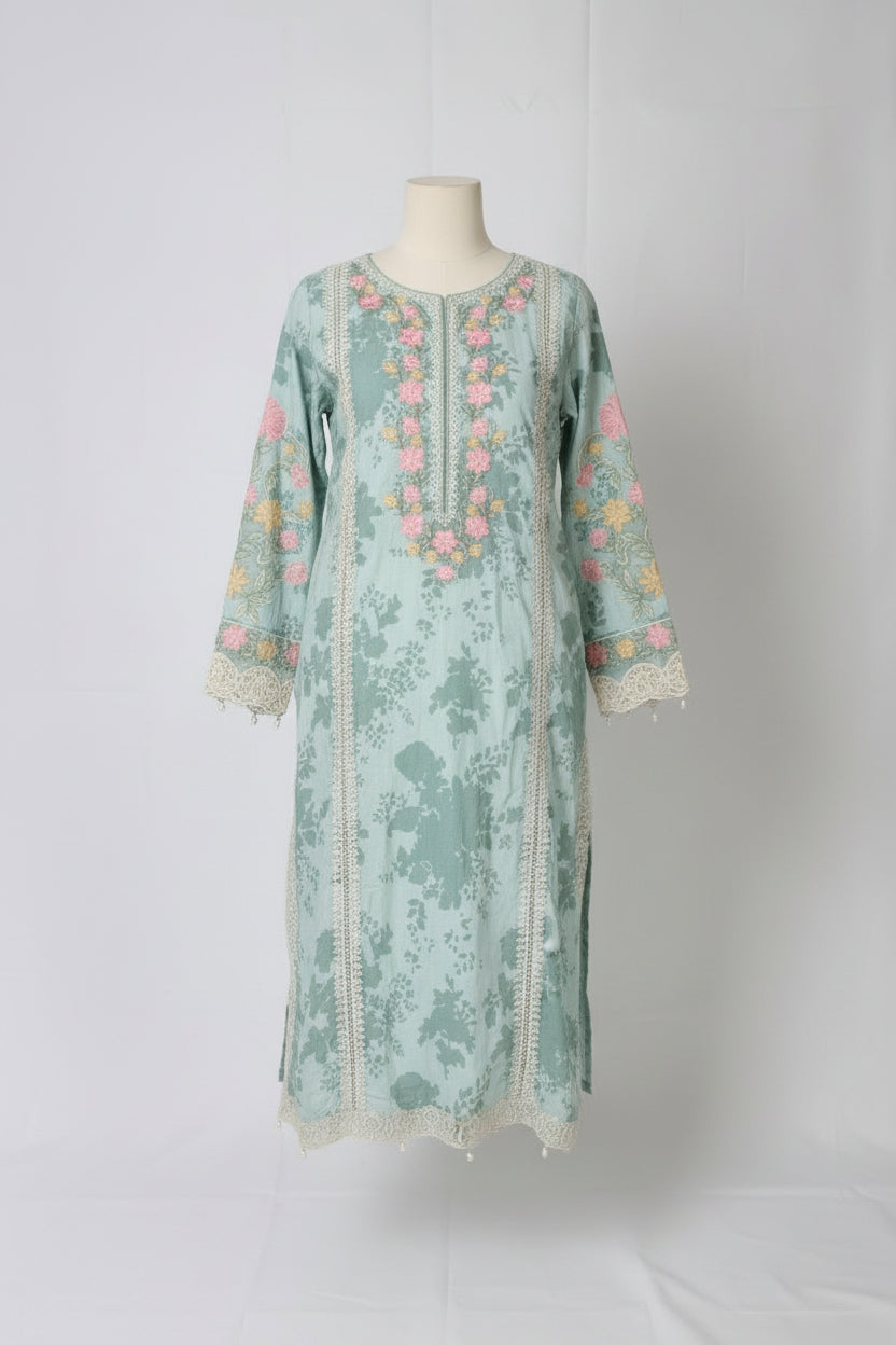 Maria B Mint Green Multi-Fabric 3-Piece Printed Suit | Floral Embroidery & Pearl Detail | Pakistani Luxury Lawn