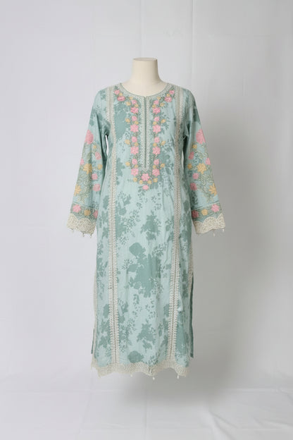Maria B Mint Green Multi-Fabric 3-Piece Printed Suit | Floral Embroidery & Pearl Detail | Pakistani Luxury Lawn