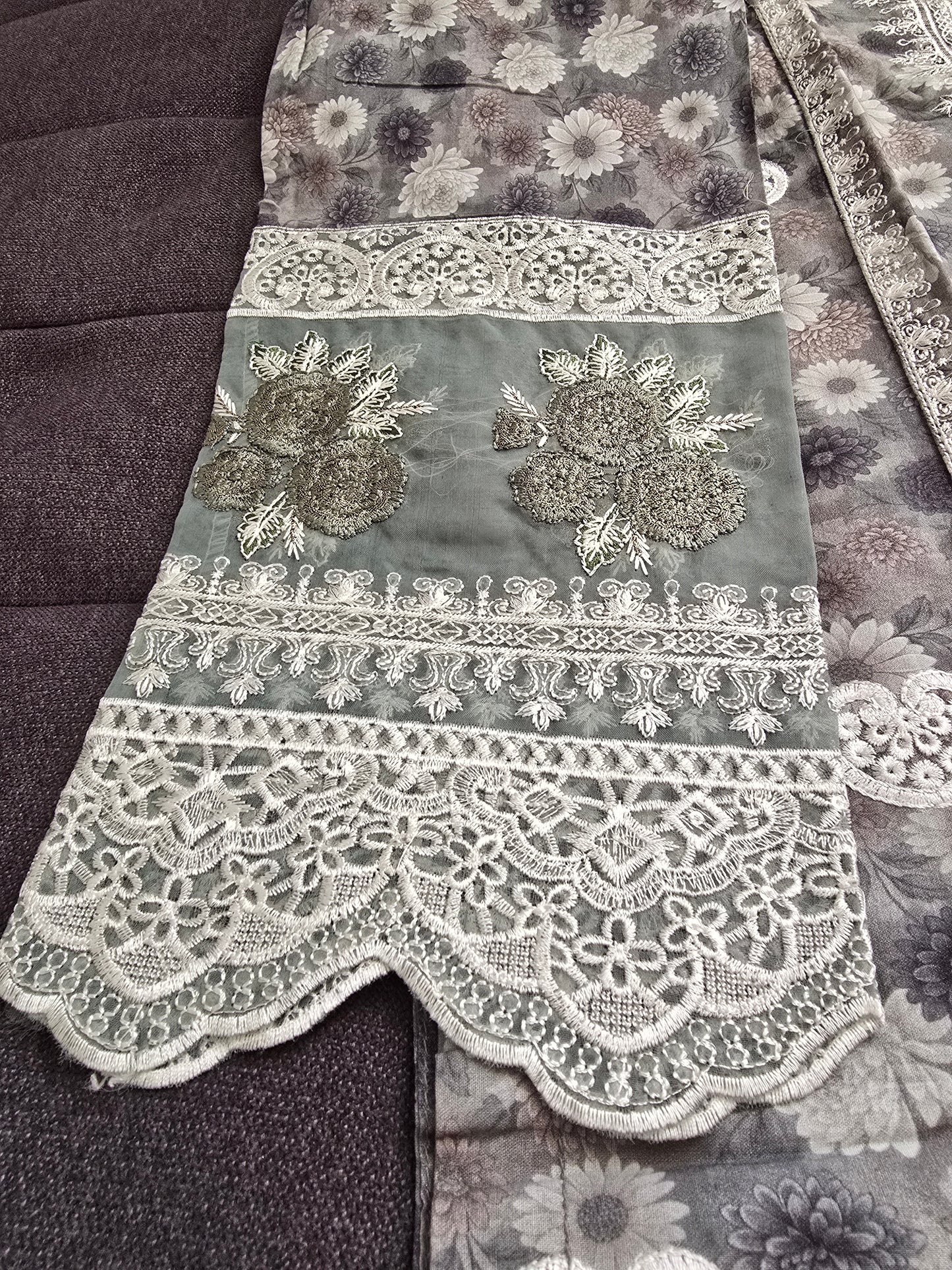 Grey Floral 3-Piece Suit | White Lace Cuffs | 3D Rose Appliqué Hem | Minsa Collection