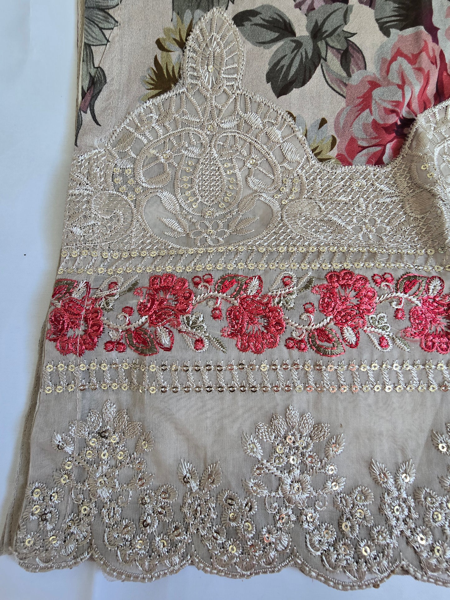 Minsa Collection Beige Multi-Fabric 3-Piece Floral Printed Suit | Cutwork & Sequin Embroidered Hem | Pakistani Casual & Semi-Formal Wear