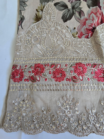 Minsa Collection Beige Multi-Fabric 3-Piece Floral Printed Suit | Cutwork & Sequin Embroidered Hem | Pakistani Casual & Semi-Formal Wear